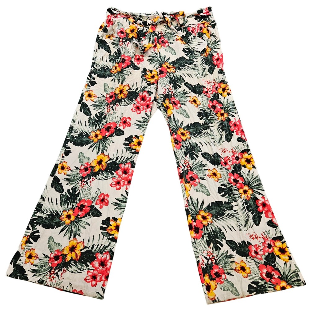 Guess Wide Leg Tropical Floral Pants - White, Green, Pink, Yellow